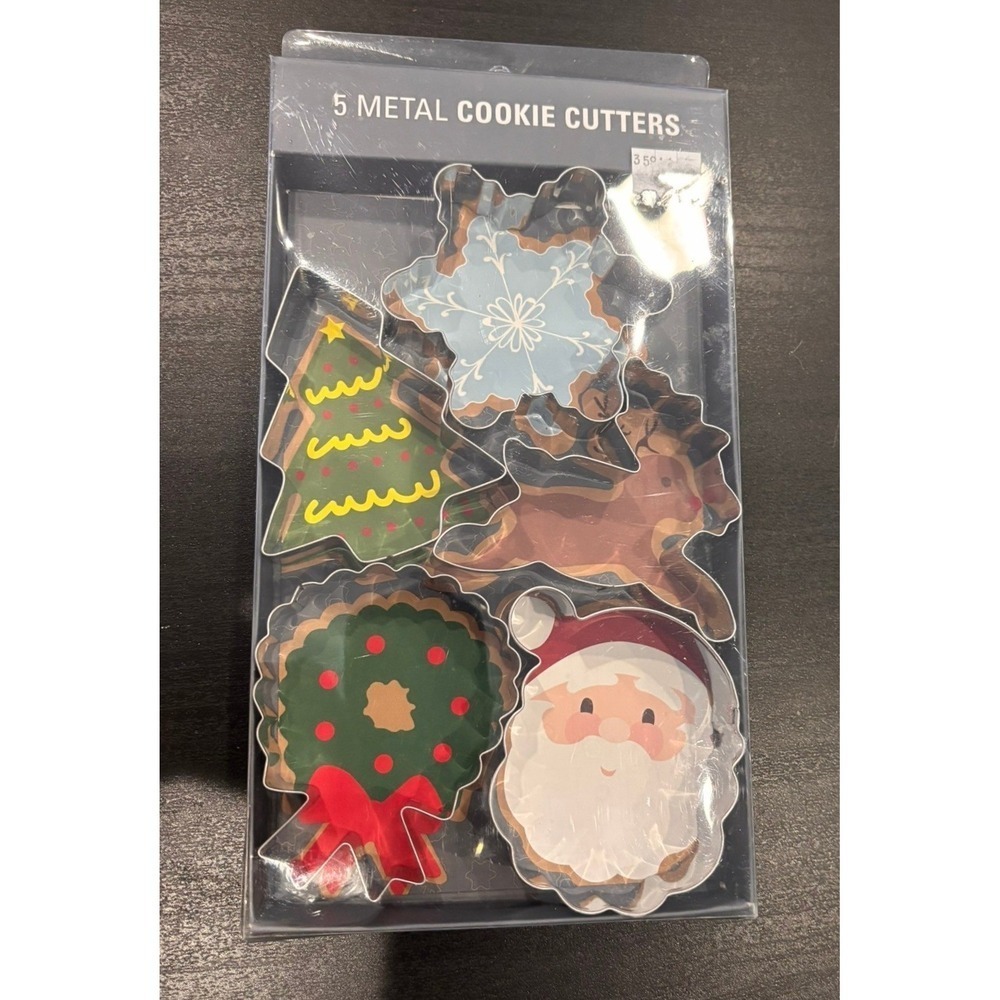 Kikkerland 5 Piece Metal Christmas Cookie Cutter Set Santa Reindeer Tree Wreath